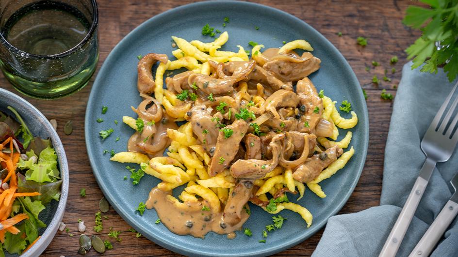 Pfefferrahmgeschnetzeltes mit Spiralen