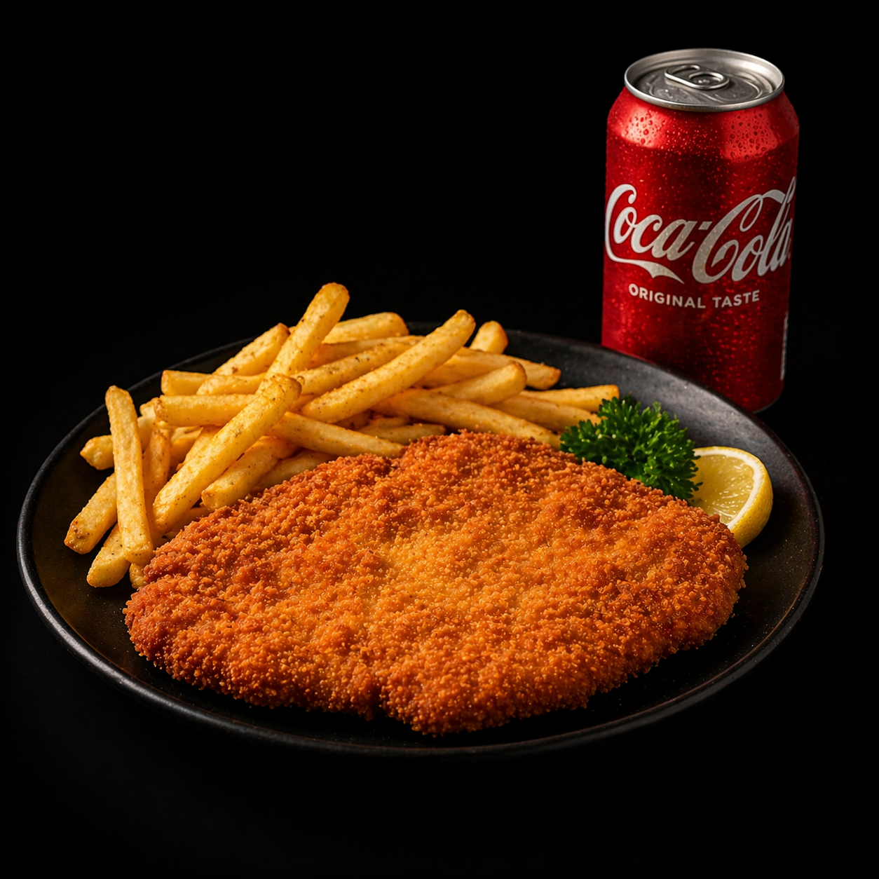 Schnitzel mit Pommes oder Salat und ein Getränk (0.33l)