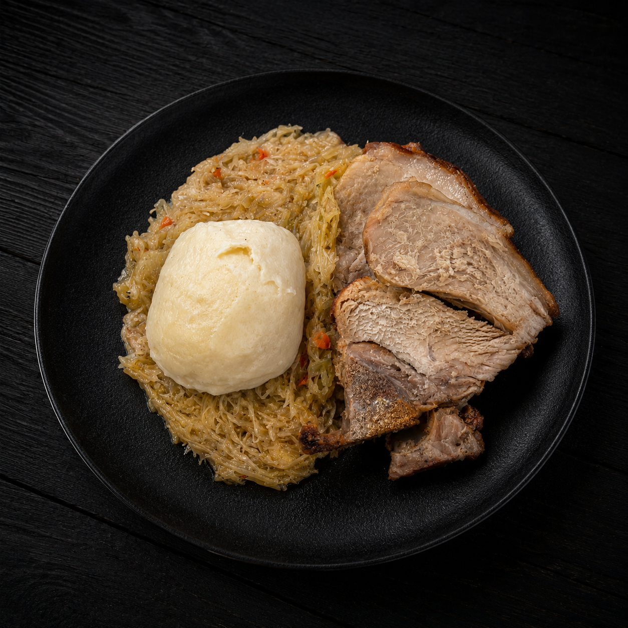 Spanferkel mit Erdäpfelknödel und Chili-Speckkrautsalat