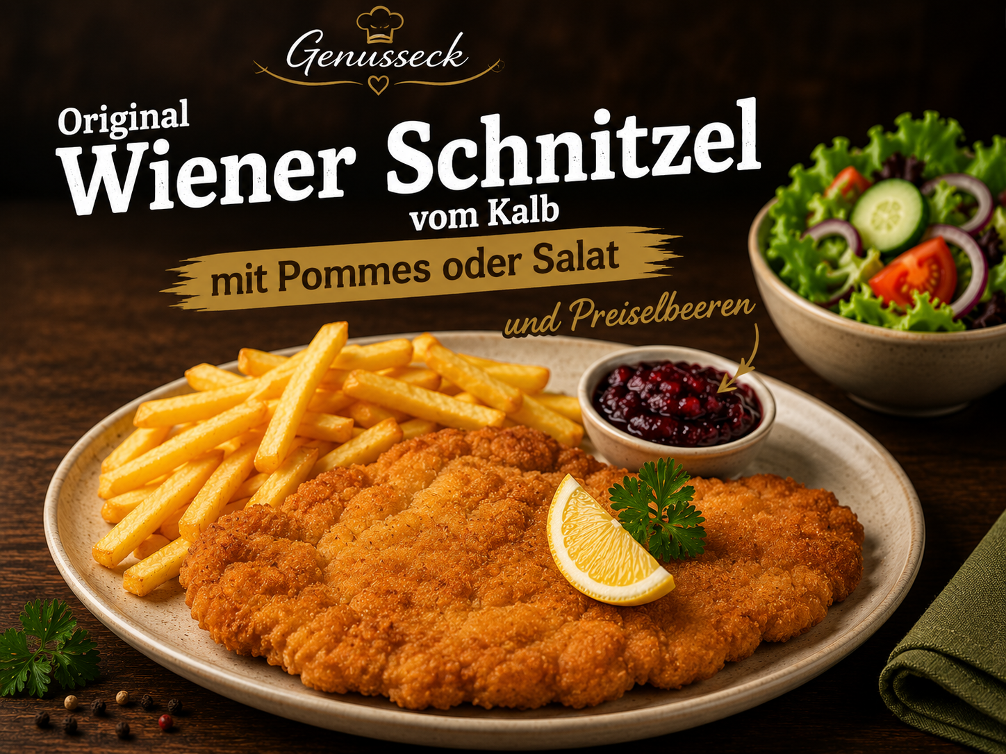 Original Wiener schnitzel vom Kalb mit Pommes oder Salat und Preiselbeeren