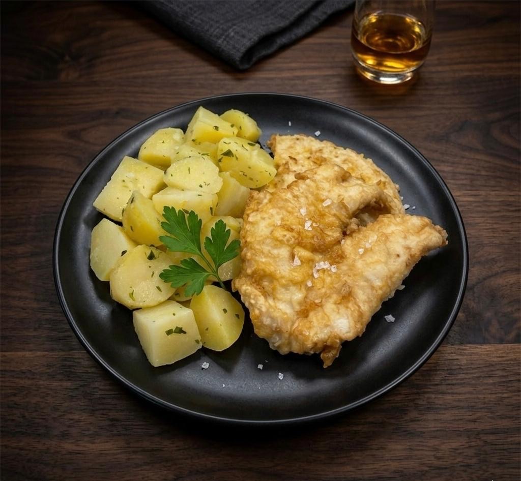 Putenschnitzel Pariser Art mit Petersilerdäpfeln